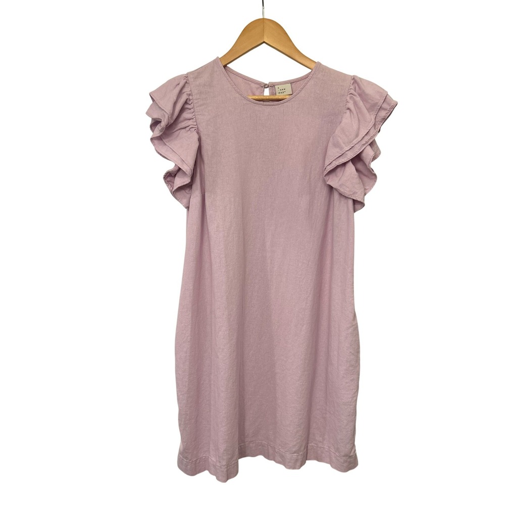 a new day Linen Blend Ruffle Sleeve Shift Dress L Lavender Purple Pockets EUC